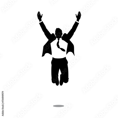Silhouette of a businessman jumping with arms raised in celebration, against a white background.