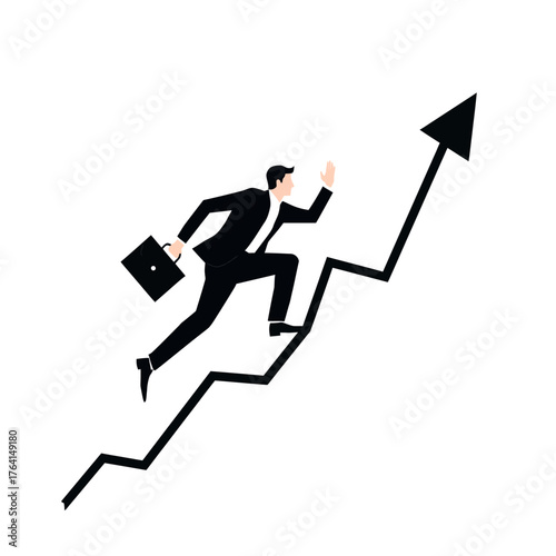 A businessman in a suit climbing a graph, representing success and growth.