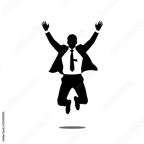 Silhouette of a businessman jumping in the air, celebrating success with arms raised.
