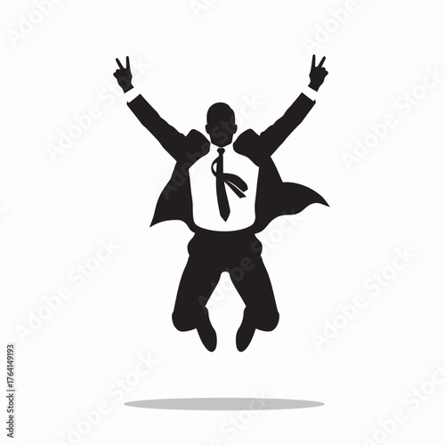 Silhouette of a successful businessman jumping with joy, celebrating achievement.