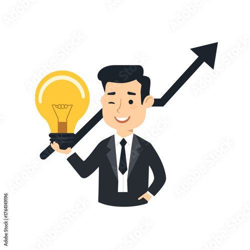 A smiling businessman holding a lightbulb, with an upward-trending arrow.