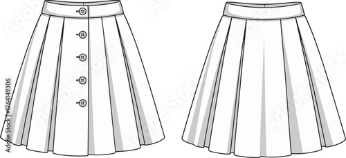 Women's stylish button-front pleated A-line skirt fashion flat technical sketch vector illustration for apparel design and clothing template.