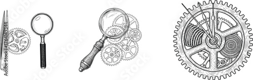 Vintage Clockwork Gear Mechanism with Magnifying Glass Vector