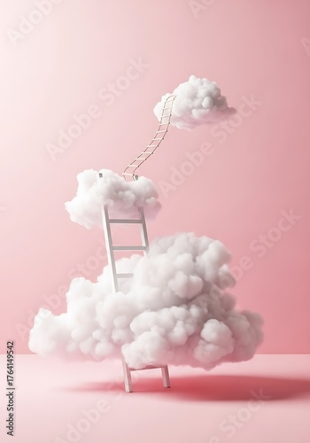 Step ladder leading to clouds . Growth, future, development concept. Minimal pink compostition.