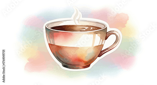 Watercolor painting of a steaming cup of coffee against a colorful background art