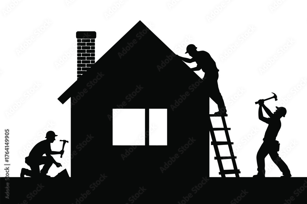 Fototapeta premium Builders constructing house with hammers and ladders construction roof