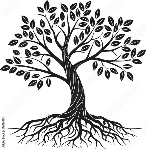 Simple tree icon silhouette with visible root system vector image