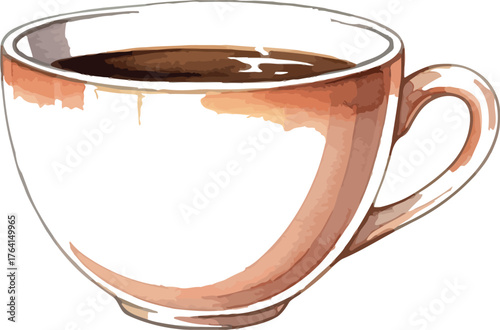 Watercolor painting of a coffee cup with dark liquid on a colorful background