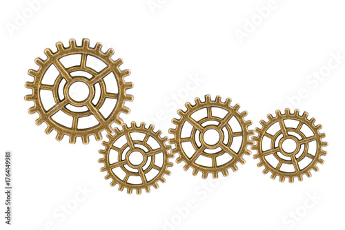 Gear and cogs wheels isolated on a white background, clock mechanism, brass metal engine industrial.