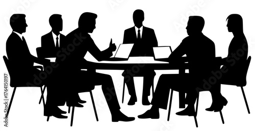 Business meeting silhouette with people around conference table. Corporate team discussion with laptops in boardroom. 