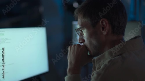 Cybersecurity engineer working late at computer in dark office