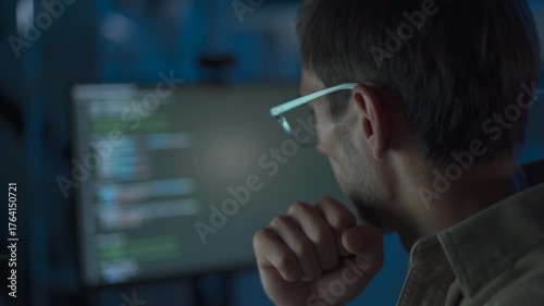 Cybersecurity engineer working late at computer in dark office