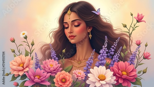 Goddess Parvati portrayed as motherly figure surrounded by flowers and divine light, soft tones symbolizing compassion, love, and strength.