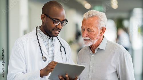 black male doctor wearing glasses, white coat, using an ipad showing medical documents on screen to patient, standing in clinic facing each other. the elderly man look focused, as if discussing a heal