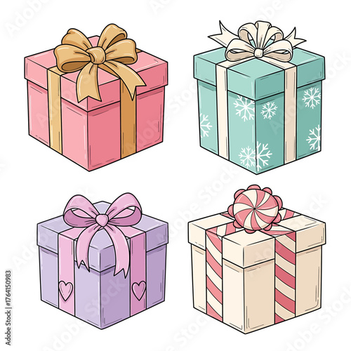 Four colorful gift boxes with bows and ribbons, perfect for presents and celebrations.
