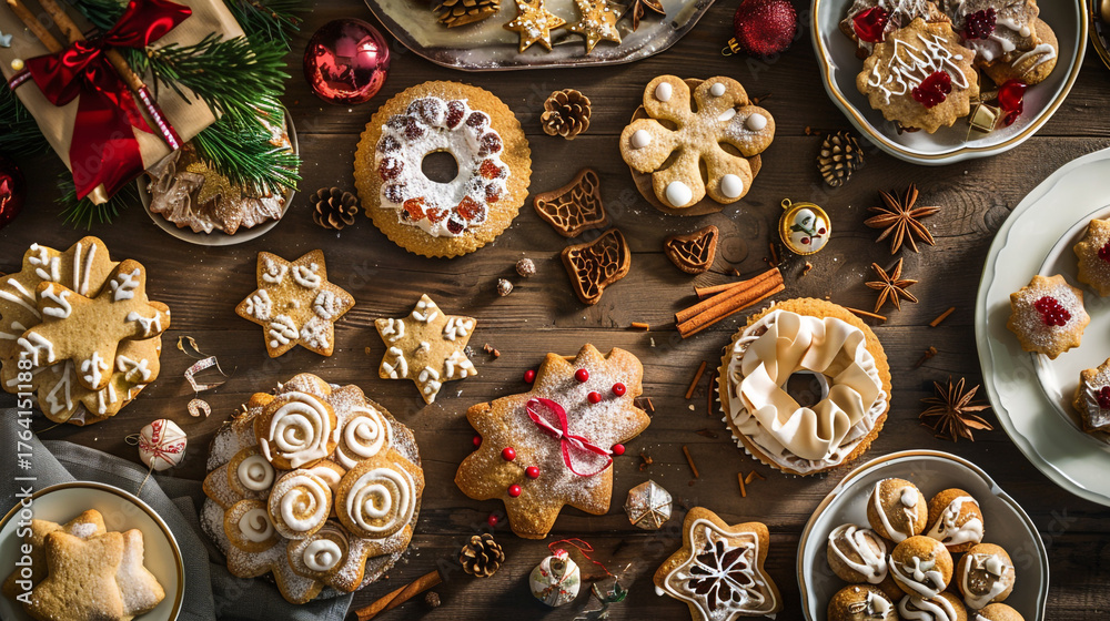 Fototapeta premium Overhead View of a Variety of Christmas Cookies and Decorations