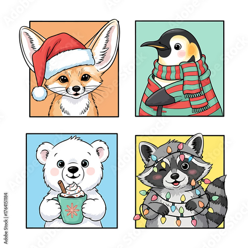 Four cute cartoon animals celebrating winter holidays: a fennec fox in a Santa hat, a penguin with a scarf, a polar bear with hot chocolate, and a raccoon with Christmas lights.