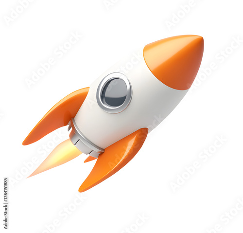 A 3D featuring a simple rocket design with silver and orange gradient colors ,isolated on a white background