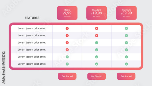 Price List Comparison Table Template Design with 3 Plans
