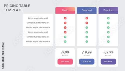 Comparison Pricing Table Template Design with 3 Plans