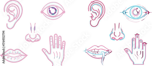 Abstract Neon Senses Icons | Glitch Effect Human Body Parts Line Art Set