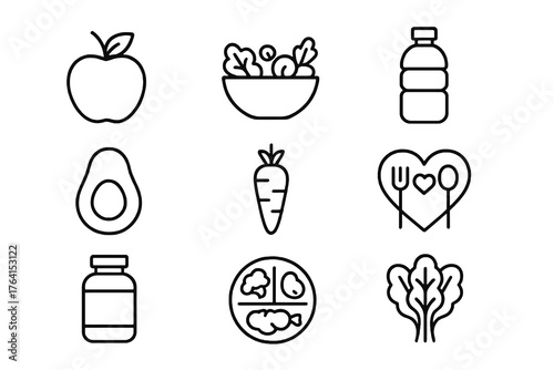 Black thin line vector icons of healthy food and nutrition including fruits, salad, and supplements, ideal for wellness, diet, and lifestyle projects.