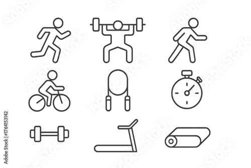 Set of 9 minimalist black icons representing gym and workout routines such as dumbbells, treadmill, and jump rope, ideal for fitness and wellness visuals.