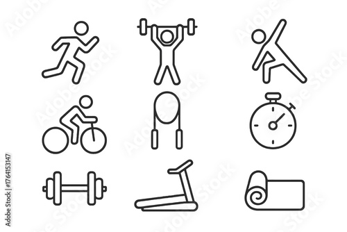 Black thin line vector icons of fitness and exercise activities including running, cycling, and stretching, perfect for health, training, and sport design.