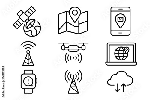 Set of 9 minimalist black line icons representing delivery tracking, live data, and global connectivity, ideal for logistics, mobile apps, and transport visuals.