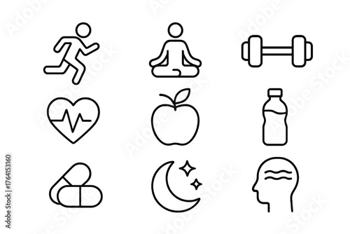 Set of 9 minimalist black icons representing exercise, meditation, and healthy habits like water, sleep, and vitamins, ideal for fitness and wellness visuals.