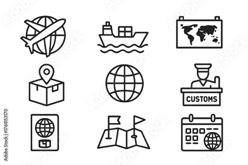 Set of 9 minimalist black icons representing international shipping, customs, and trade logistics, ideal for global commerce and freight illustration.