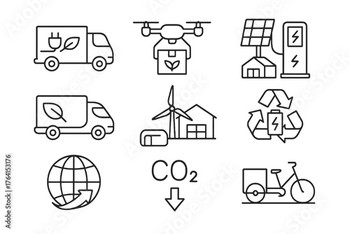 Black thin line vector icons showing eco-friendly transport and logistics like electric trucks, recycling, and solar power, ideal for sustainability projects.