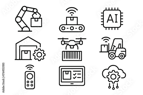 Black thin line vector icons showing automation and AI technology for logistics including robots, sensors, and drones, perfect for industry and innovation design.