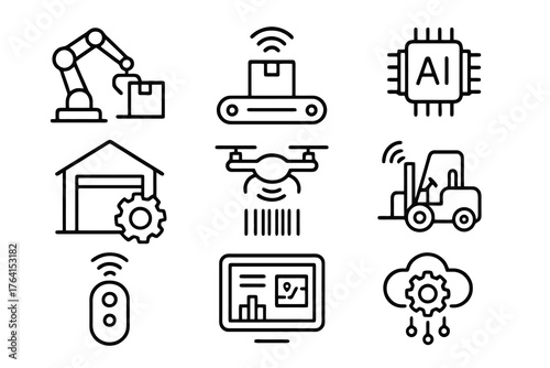 Set of 9 minimalist black icons representing smart logistics systems like AI, cloud data, and autonomous machines, ideal for supply chain and warehouse design.