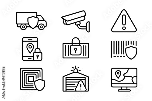 Set of 9 minimalist black icons representing cargo protection and logistic security systems such as locks, alerts, and sensors, ideal for warehouse visuals.
