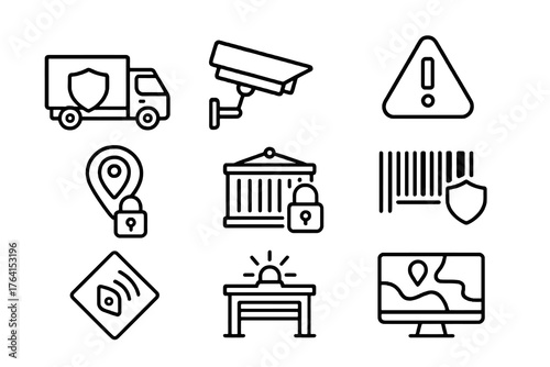 Black thin line vector icons of transport safety and logistics control including GPS, RFID, and camera, perfect for delivery, monitoring, and tracking design.