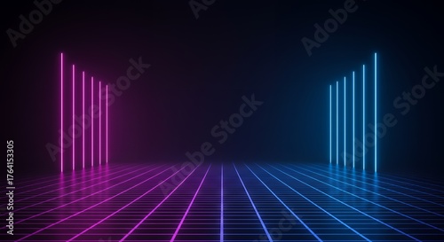 Futuristic neon grid landscape with glowing pink and blue vertical light bars on a dark background futuristic digital art style virtual environment or cyberpunk themed scene