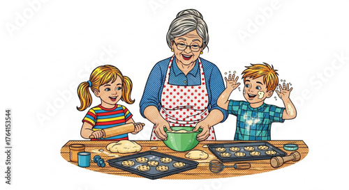 grandmother and grandchildren baking cookies