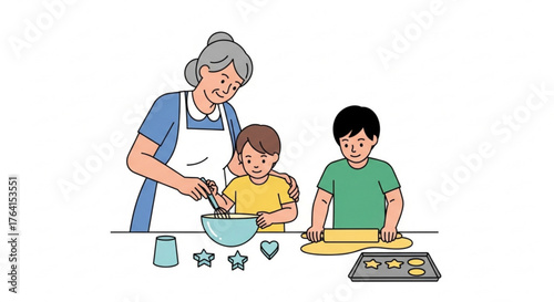 grandmother and grandchildren baking cookies