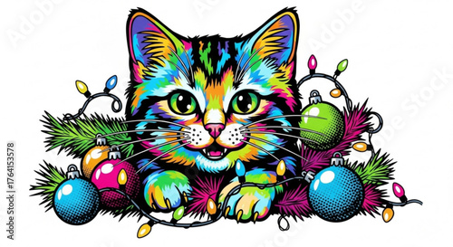 Colorful cat surrounded by Christmas ornaments and holiday lights  