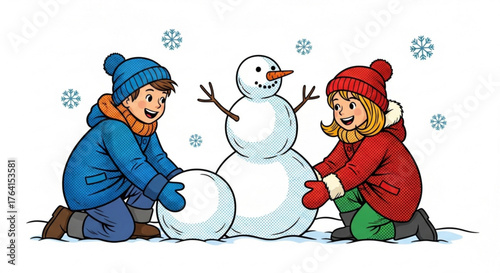 kids making snowman in yard