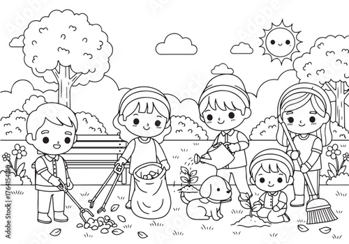 Volunteers cleaning park and planting trees outline for coloring page. International Volunteer Day