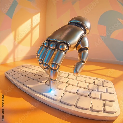 Robot hand typing keyboard with metallic robotic finger pressing keys, futuristic technology concept showcasing artificial intelligence interaction, warm sunlight and colorful shadows enhancing