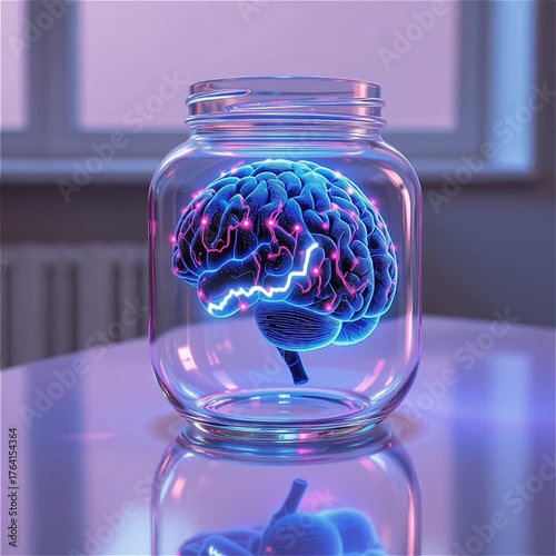 Glowing brain with electric signals and neon circuits inside transparent glass jar on reflective surface, symbolizing intelligence, creativity, futuristic technology with purple light reflection