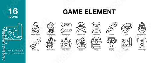 Game Element icon set. Includes game, element, asset, icon, sprite, tile and More. Editable Stroke Icon Collection.