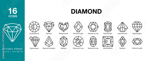 Diamond icon set. Includes diamond, gemstone, jewel, crystal, precious and More. Editable Stroke Icon Collection.
