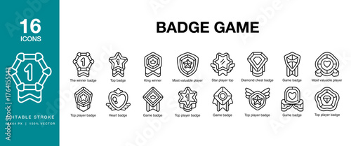 Badge Game icon set. Includes badge, game, achievement, trophy, medal and More. Editable Stroke Icon Collection.
