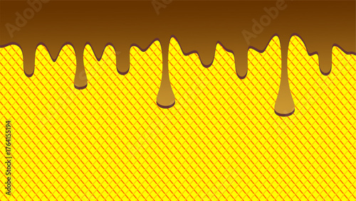 Chocolate drip on waffle pattern background. Dripping milk illustration. Ice cream drip on waffle background. Hand-drawn chocolate  drip on waffle background.