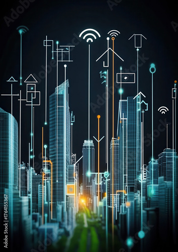 Smart city development urban infrastructure digital connectivity futuristic environment aerial view technology concept