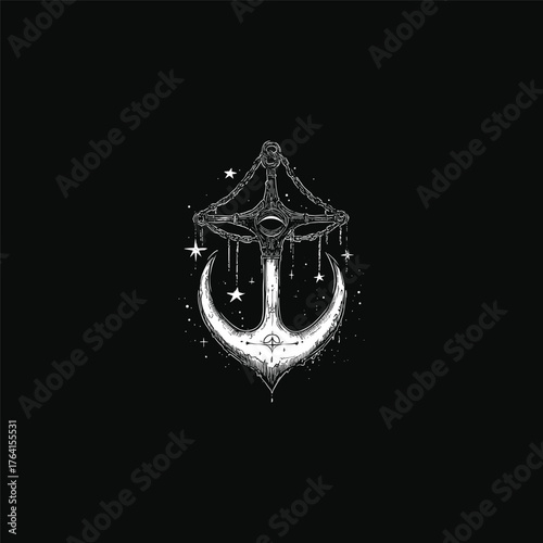 Occult vintage engraving illustration featuring an anchor entwined with a crescent moon, chains, and surrounded by stars